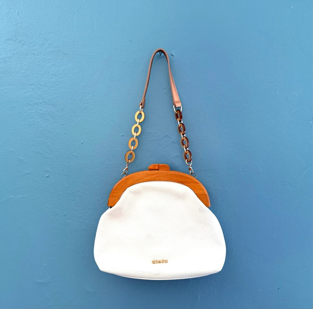 Abbacino White Pebbled Shoulder Bag with Wood Frame Spanish Designer
